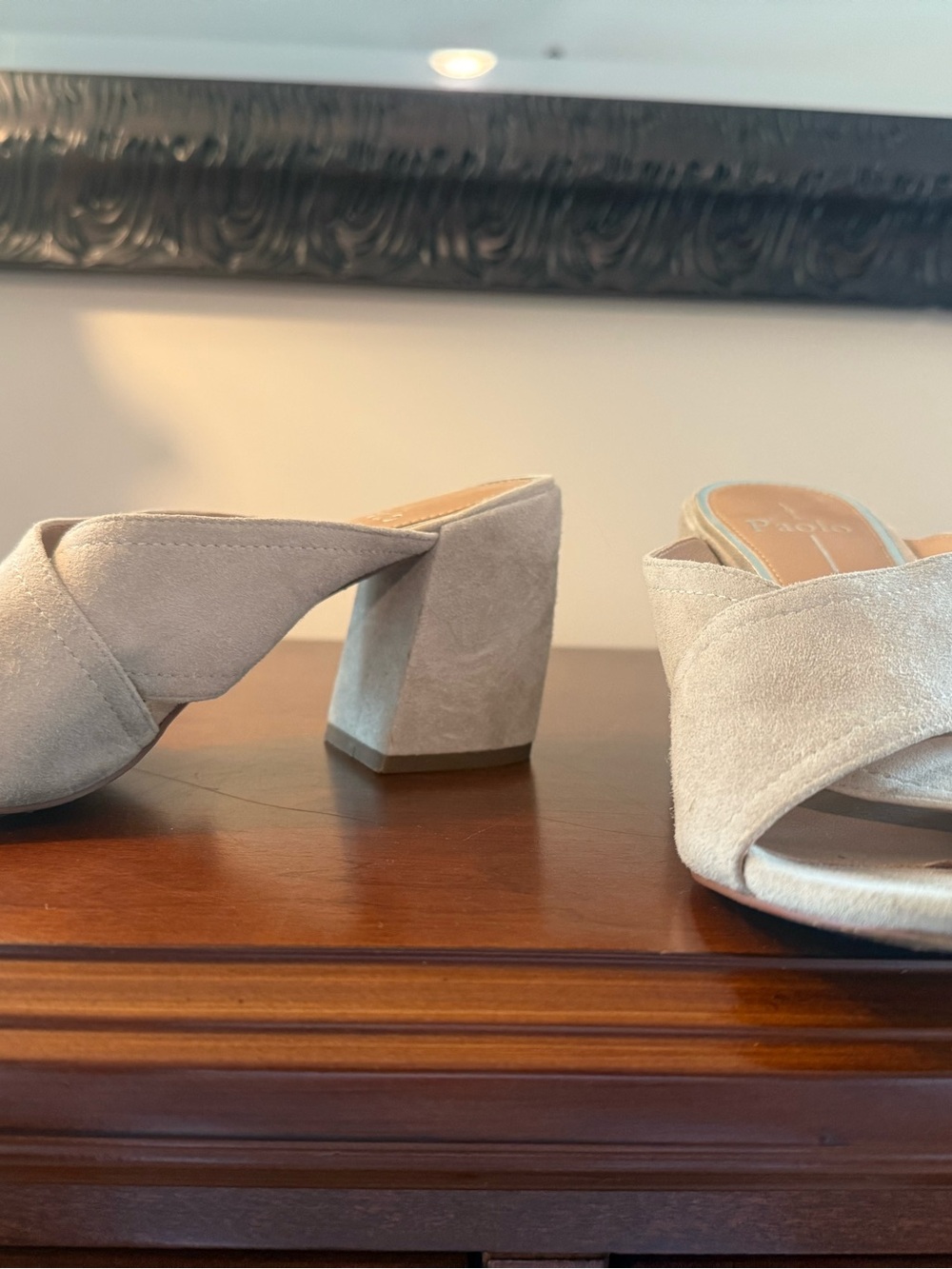 Linea Paolo light gray Crossover Suede Block Heel Mules